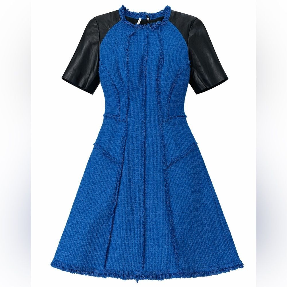 Rebecca Taylor Blue Tweed Leather Sleeves Fit & Flare Dress Womens 4 Frayed Trim